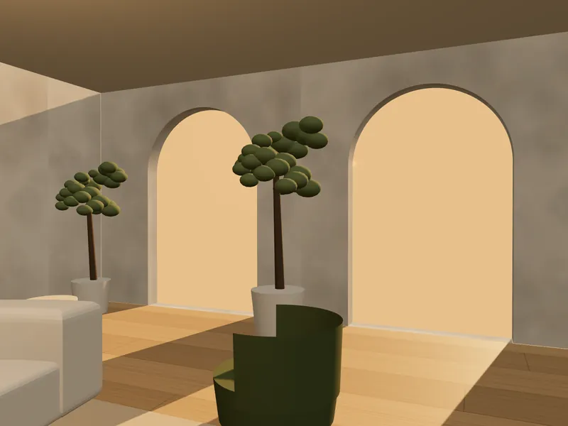 Concept visualisation: two tall arched openings with olive trees and warm evening light