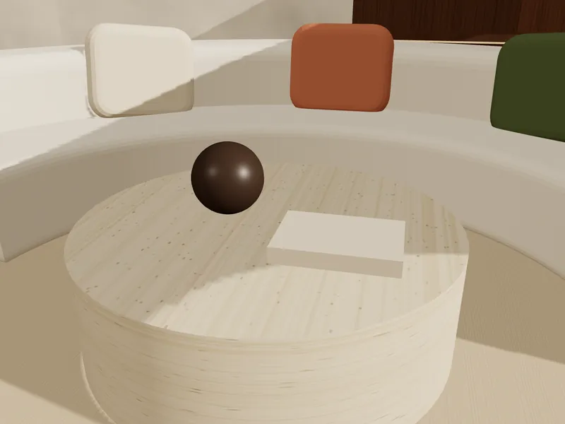Concept visualisation: close-up of a travertine table, bouclé upholstery and cushions