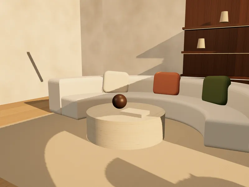 Concept visualisation: curved sofa around a round travertine table