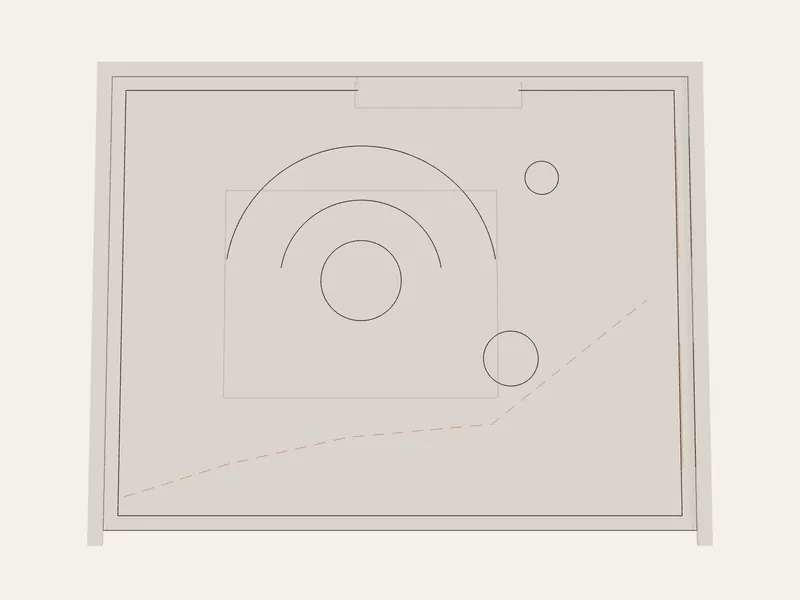 Floor plan drawing with furniture footprints and a dashed circulation route