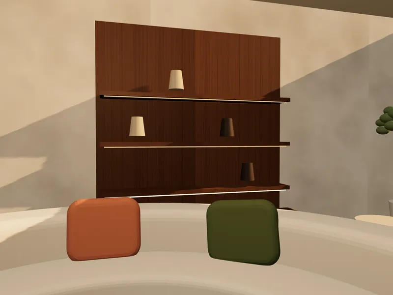 Concept visualisation: walnut shelving with lit shelves behind a curved sofa