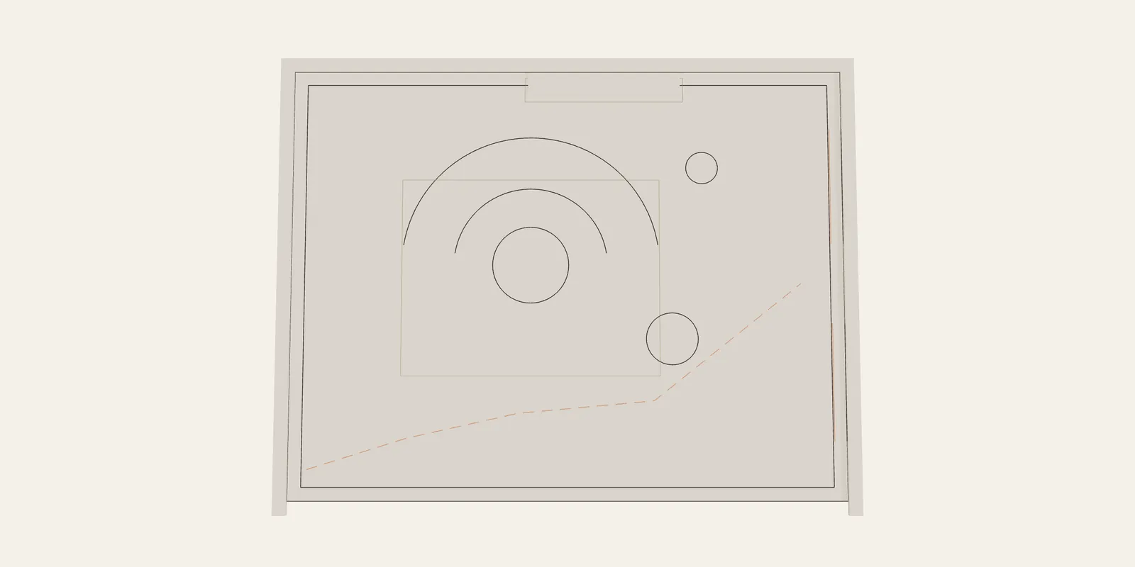 Living Blueprint, 2D plan: A measured plan first: wall lines, openings, furniture footprints and the dashed circulation route from the entrance to the seating and the light.