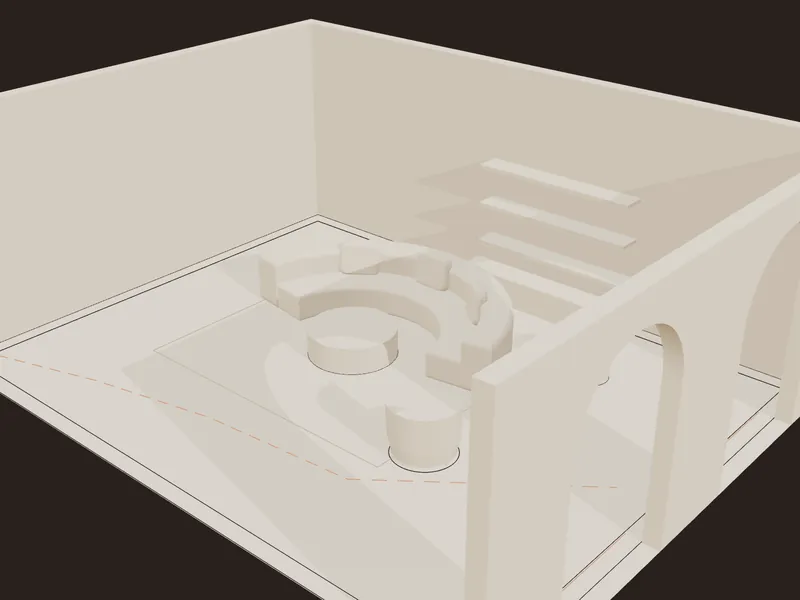 Study model: room walls and furniture shown as plain massing