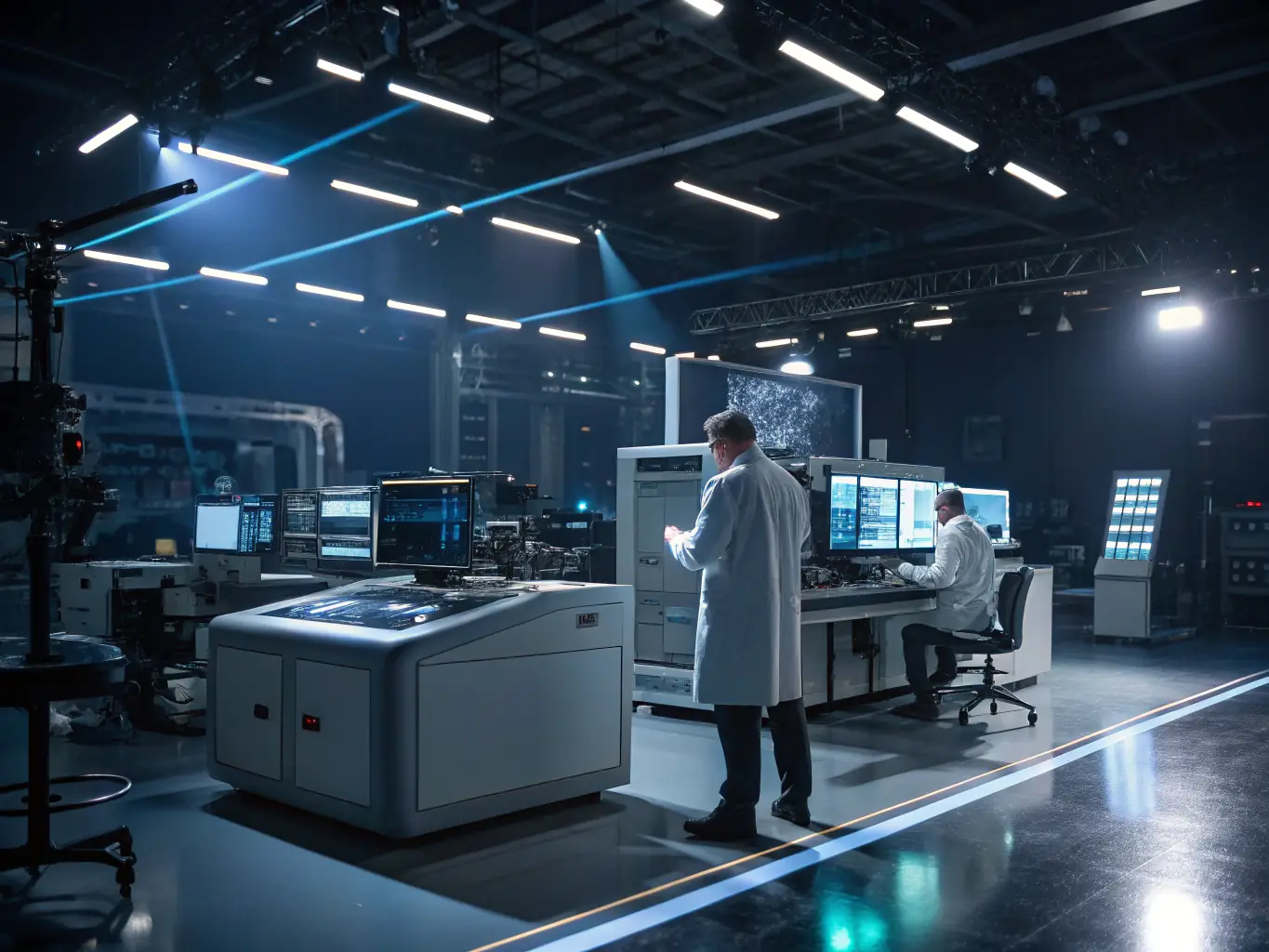 A high-tech laboratory with scientists in lab coats working on chemical synthesis and analysis, showcasing Gem Aromatics' commitment to innovation and quality in aroma chemical development.